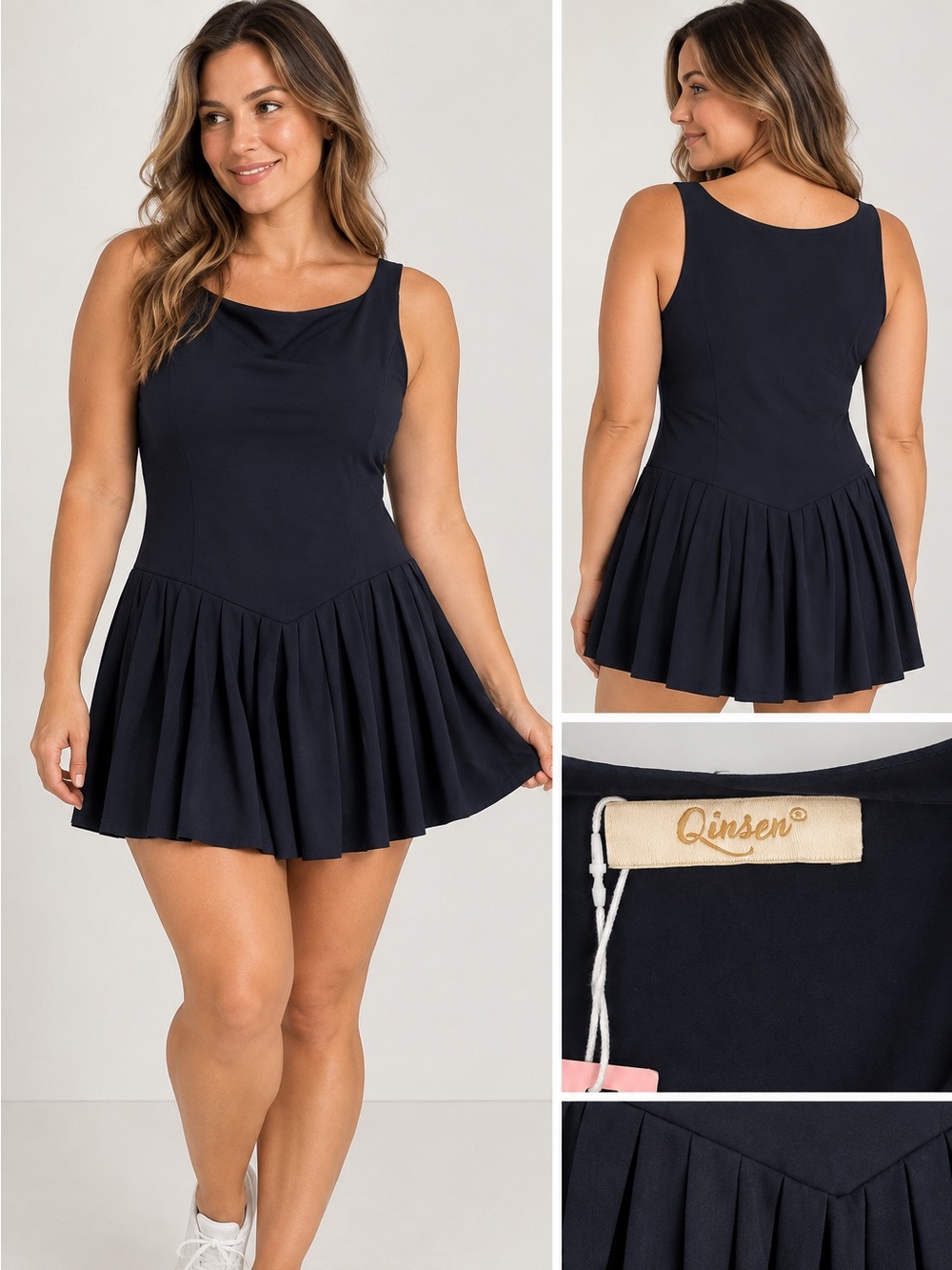 Qinsen NWT Navy Pleated Tank Dress Size L Drop Waist Tennis Style